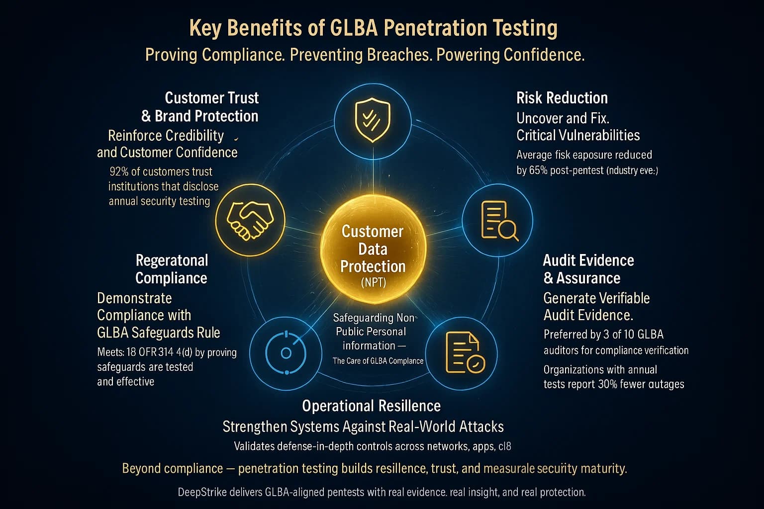Infographic showing a central data protection core surrounded by five labeled benefits of GLBA penetration testing: compliance, risk reduction, audit evidence, operational resilience, and customer trust.