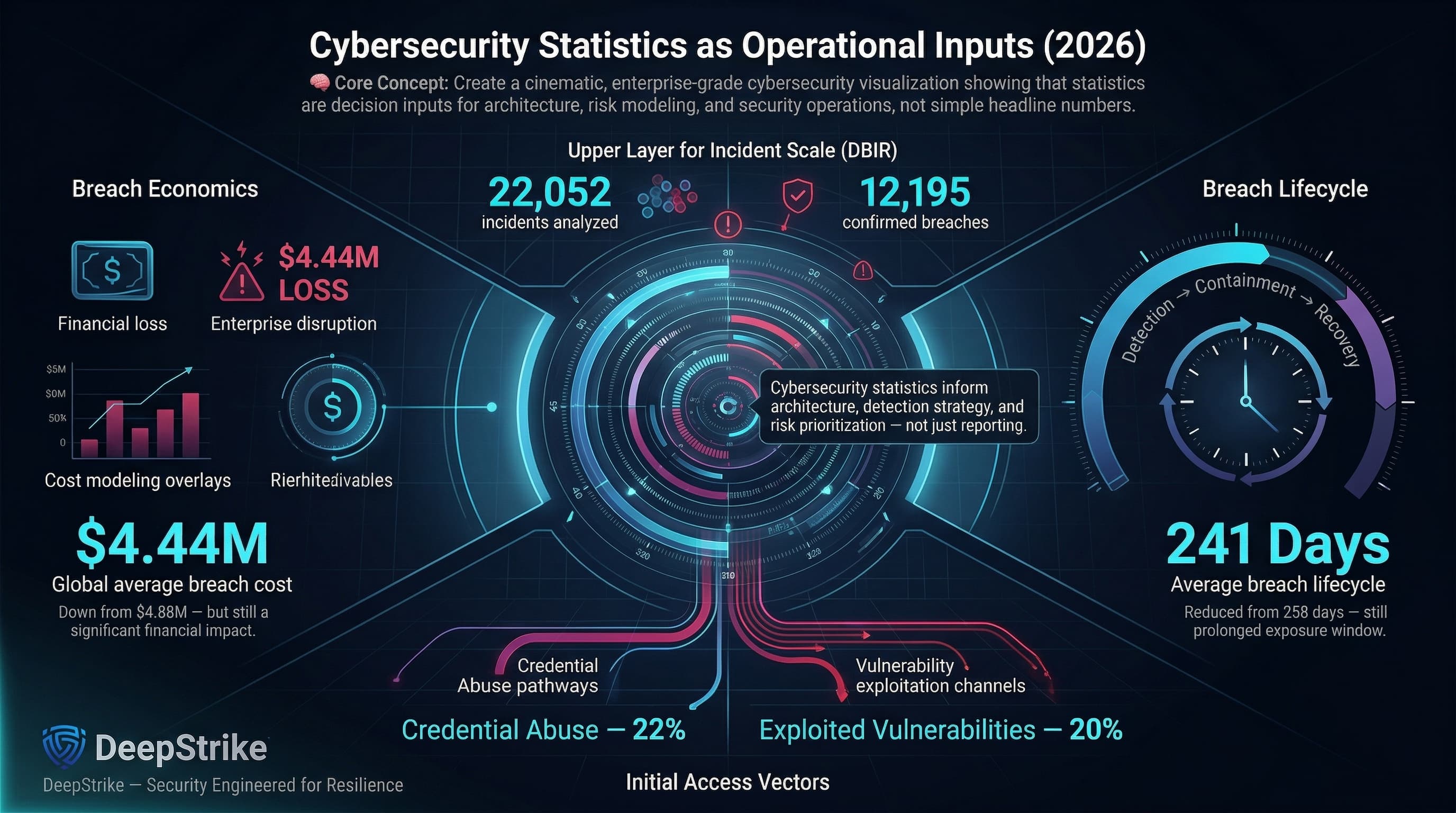 “A cybersecurity dashboard visualization shows breach cost, breach lifecycle duration, and attack vectors feeding into a central risk engine, illustrating how security statistics guide enterprise architecture and risk decisions.”