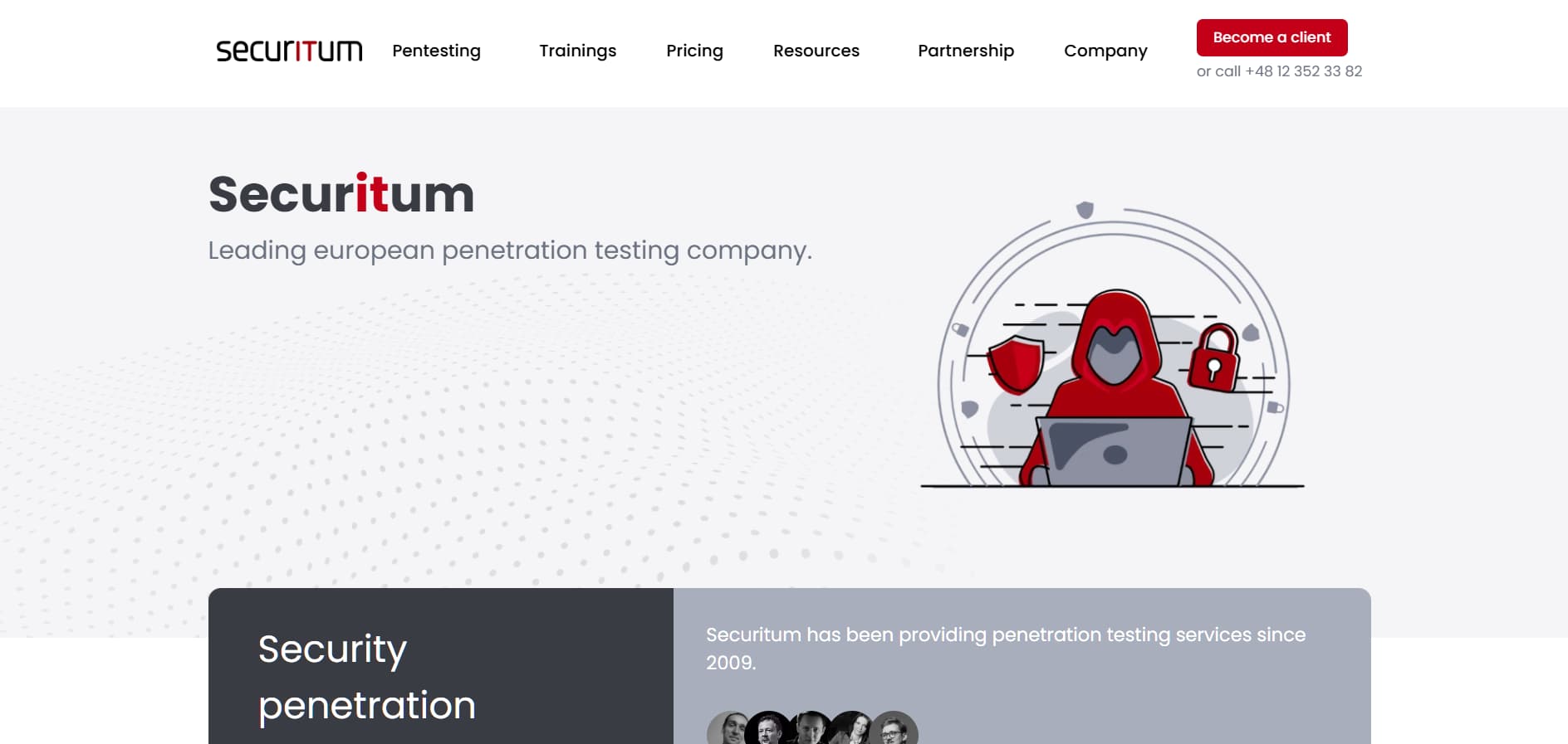 Alt: “Securitum penetration testing company homepage with red hacker illustration and security services overview”