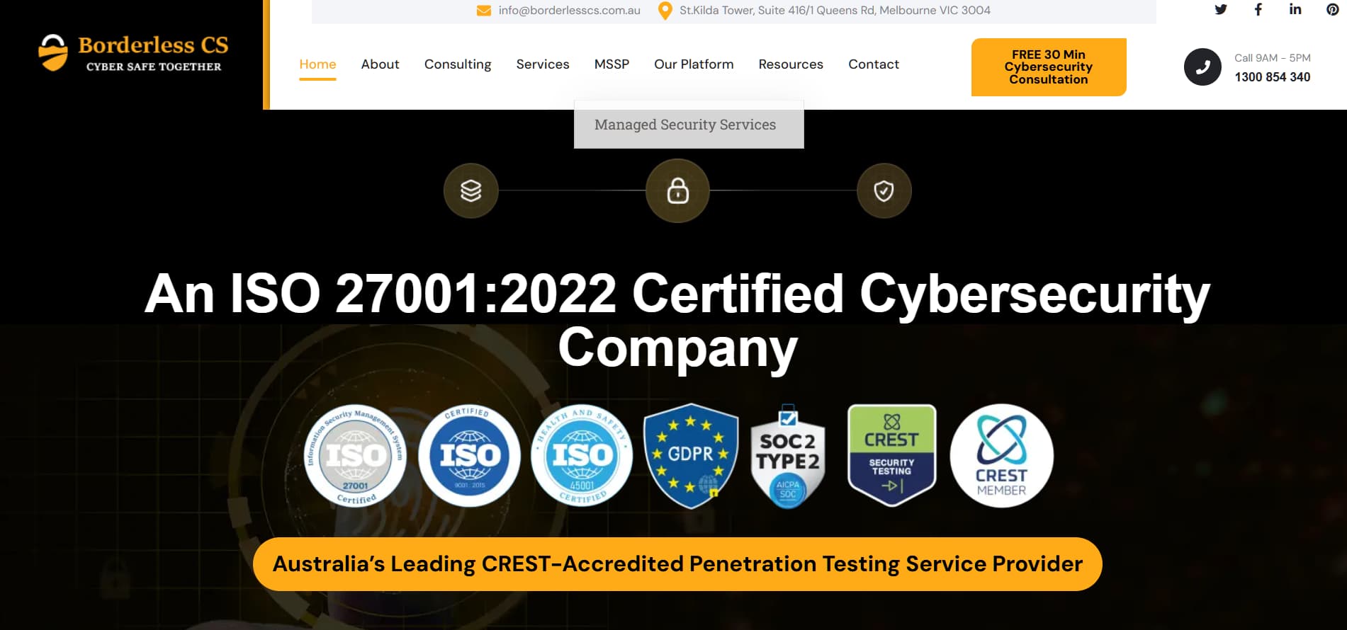 “Borderless CS website banner highlighting ISO 27001:2022 certification and CREST-accredited penetration testing services in Australia.”