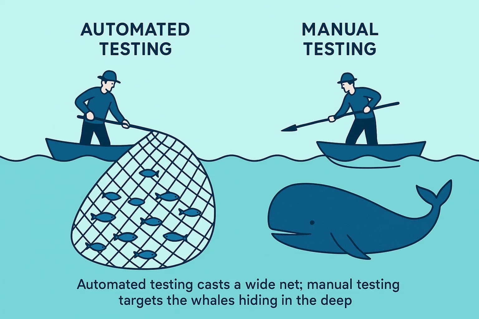 Illustration comparing automated penetration testing’s broad vulnerability scanning to manual penetration testing’s targeted, high-impact flaw discovery.