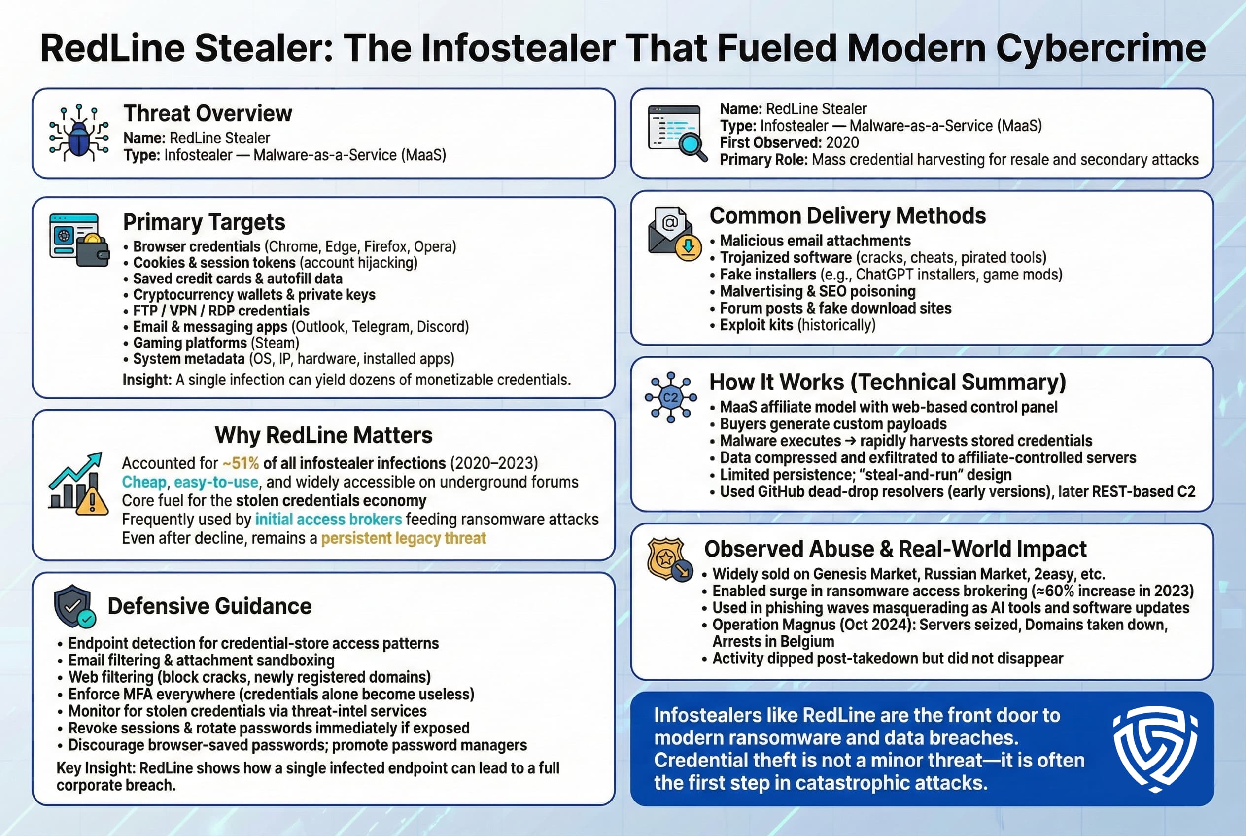 Alt text: Infographic explaining RedLine Stealer malware, including targets, delivery methods, how it works, real-world abuse, and defensive recommendations.