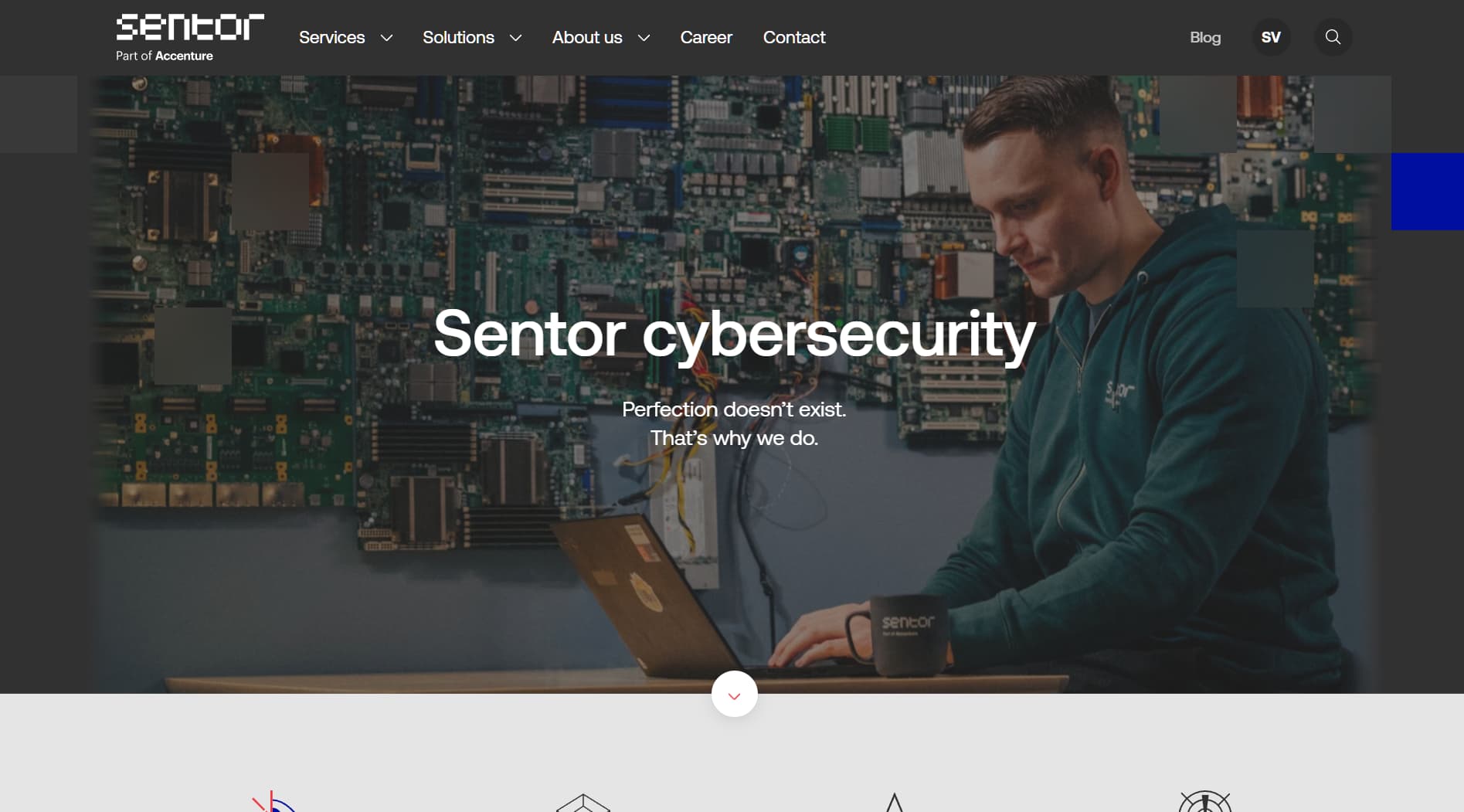 Screenshot of Sentor cybersecurity homepage showing a professional working on a laptop with the tagline ‘Perfection doesn’t exist. That’s why we do,’ emphasizing advanced cybersecurity services.