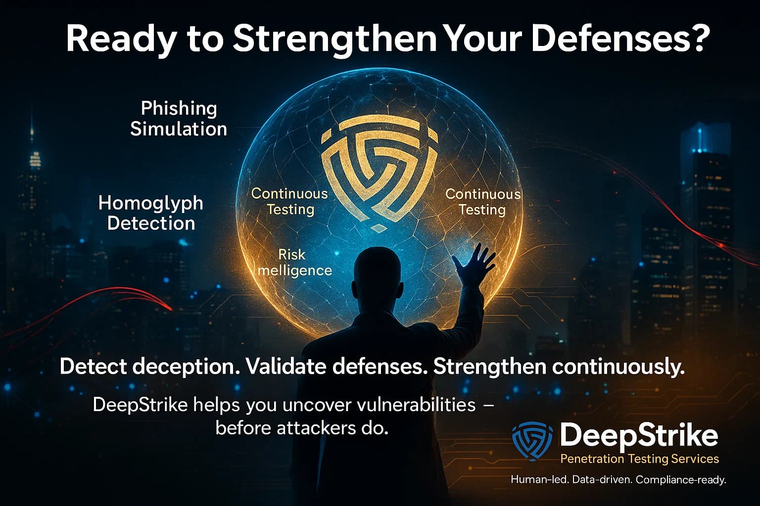 Digital illustration showing a cybersecurity expert activating a glowing holographic defense sphere labeled with “Phishing Simulation,” “Homoglyph Detection,” and “Continuous Testing,” symbolizing DeepStrike’s readiness-driven penetration testing approach.