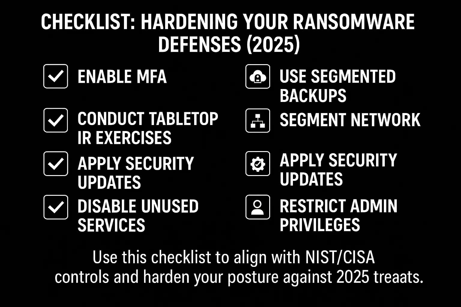 Dark-mode visual listing controls like MFA, segmented backups, tabletop IR exercises, network segmentation.