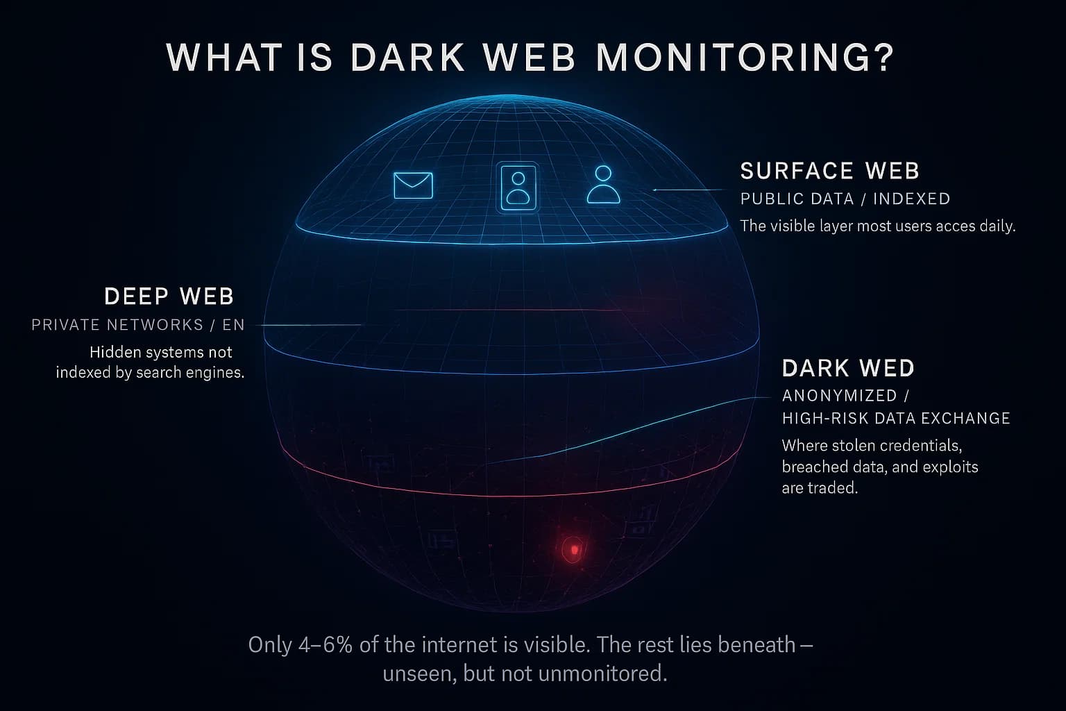 “A journey beneath the visible web reveals layered digital worlds. Scanning lights sweep through encrypted tunnels, detecting stolen data on dark marketplaces. Alerts flash as breaches are found and contained — showing how dark web monitoring tools expose the unseen threats before they strike.”