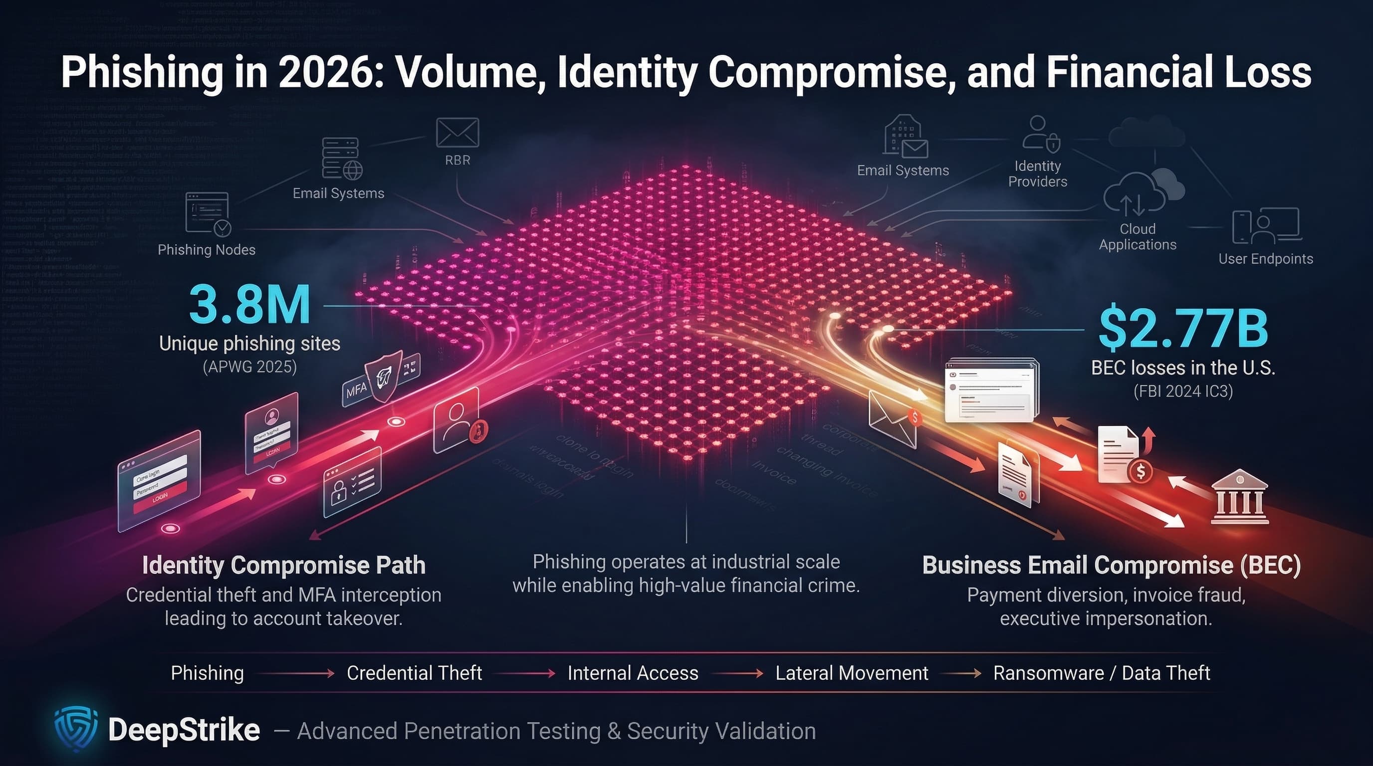 “A cybersecurity visualization shows millions of phishing sites forming a grid, with two pathways emerging—one leading to credential theft and account takeover, and the other to business email compromise and financial fraud. Statistics highlight the scale and financial impact of phishing in 2026.”
