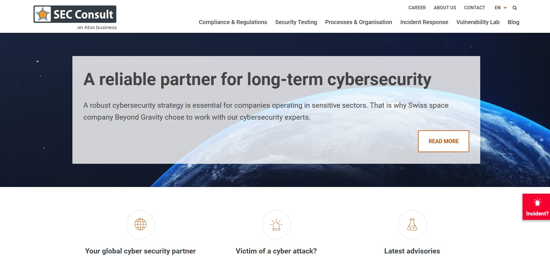 SEC Consult homepage banner promoting long-term cybersecurity partnership with space-themed background and read more button.