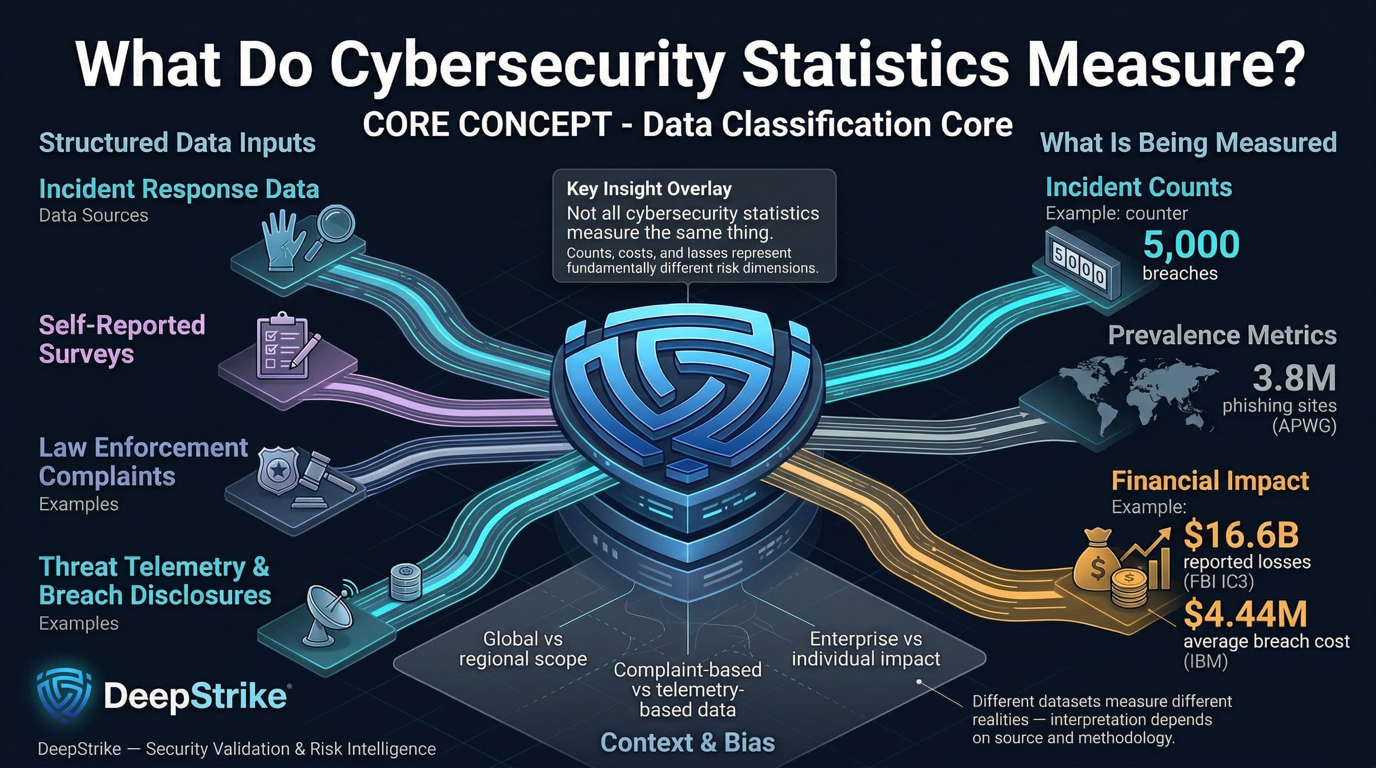“A structured cybersecurity data visualization shows multiple data sources such as incident response, surveys, and law enforcement feeding into a central analytics hub, which outputs different metrics including breach counts, financial losses, and average costs, highlighting how cybersecurity statistics vary by source and interpretation.”