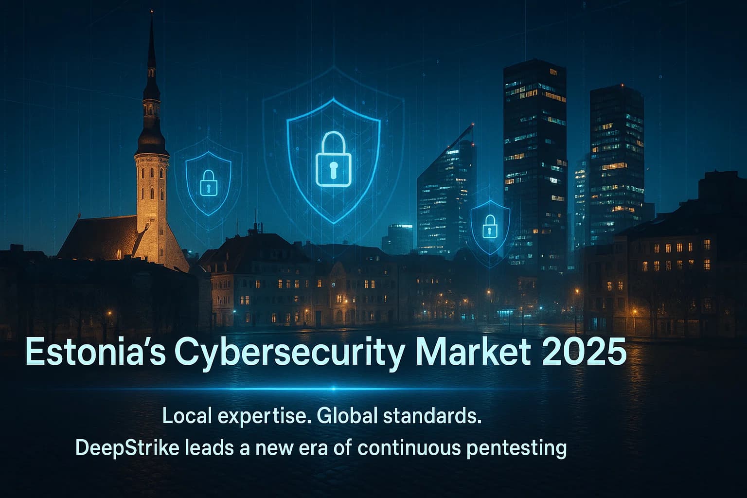 “Futuristic Tallinn skyline with holographic cybersecurity overlays symbolizing Estonia’s growing penetration-testing market in 2025.”