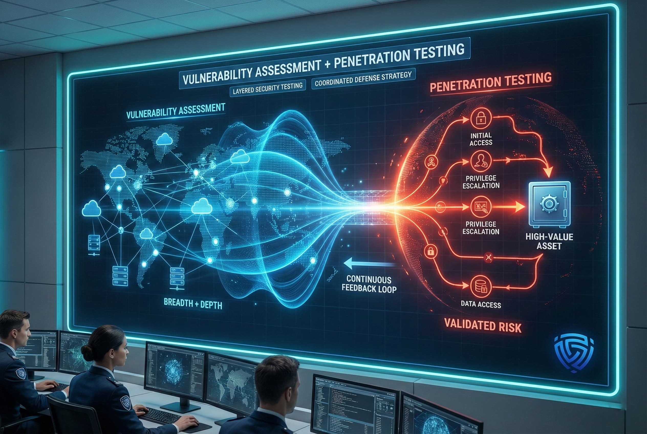 A layered security diagram showing vulnerability assessment providing wide discovery of weaknesses and penetration testing validating real-world risk through exploitation paths, forming a coordinated defense strategy.