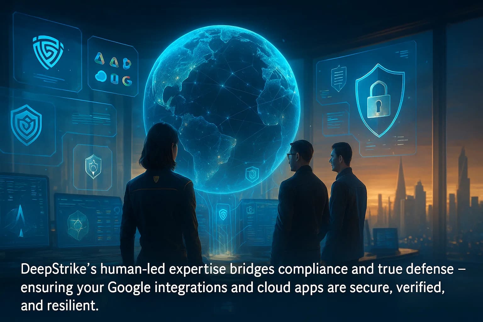 “Cybersecurity professionals in a futuristic command center surrounded by holographic security dashboards and a glowing digital globe, symbolizing readiness and defense.”
