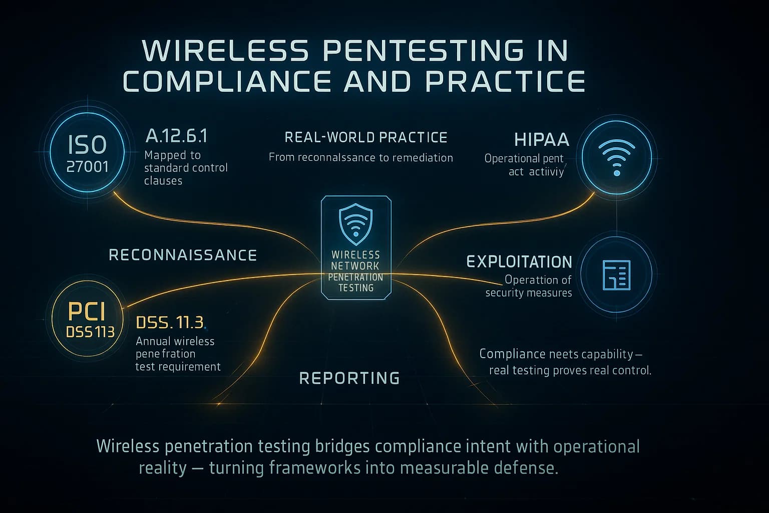 “This visualization connects key cybersecurity compliance standards — ISO 27001, PCI DSS, HIPAA, and NIST SP 800-115 — to the practical phases of wireless penetration testing. Each glowing link represents how testing validates real-world control effectiveness.”