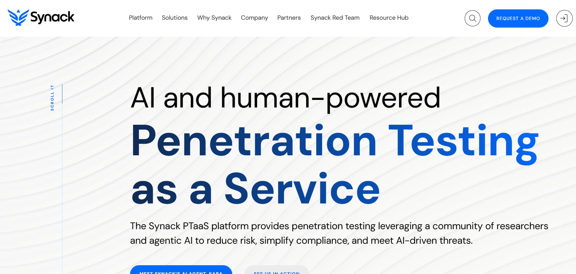Synack AI and human powered penetration testing as a service platform website hero section