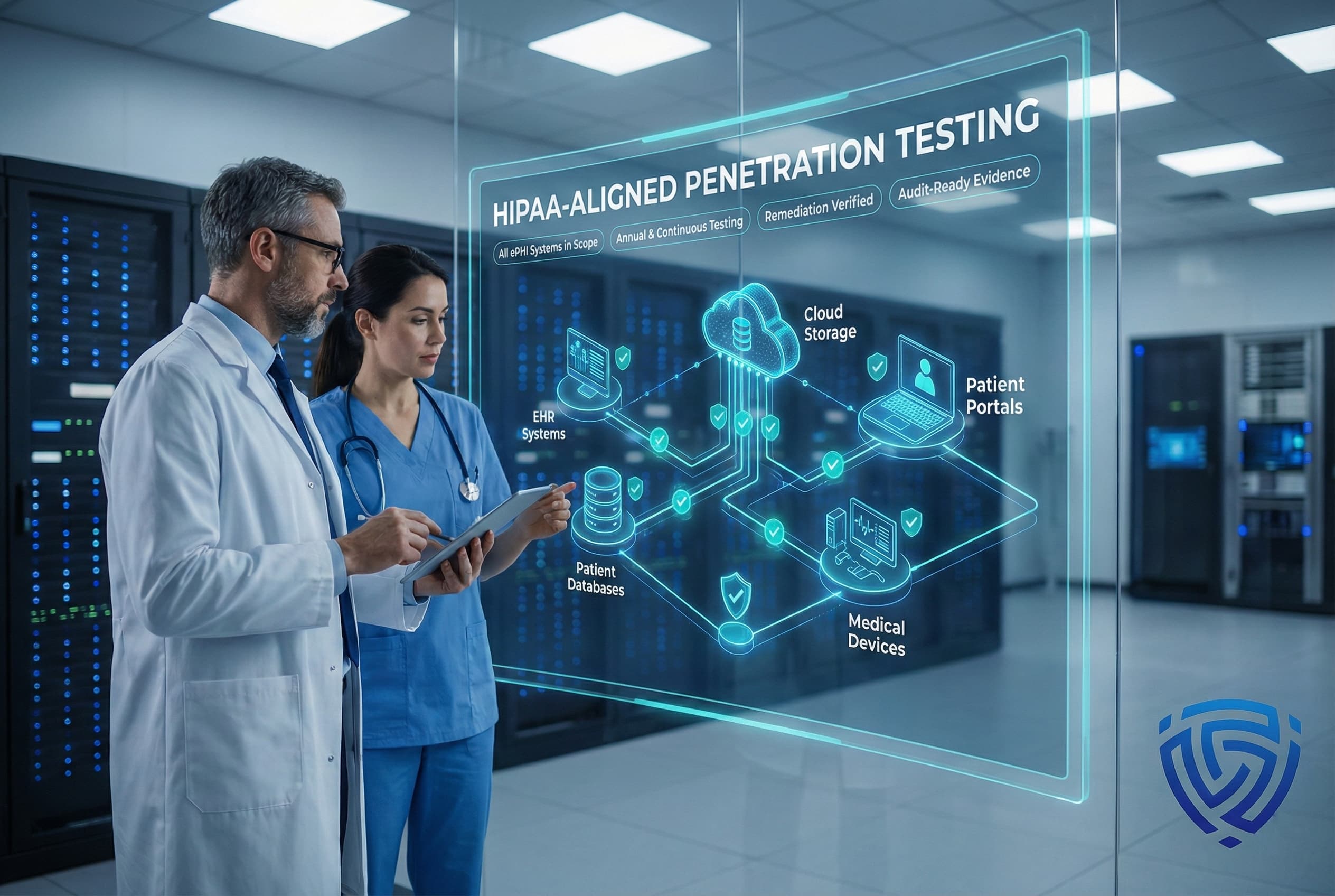 Healthcare professionals reviewing a digital diagram of HIPAA-aligned penetration testing, showing secure connections between EHR systems, patient databases, cloud storage, patient portals, and medical devices, with verified remediation and audit-ready compliance controls.