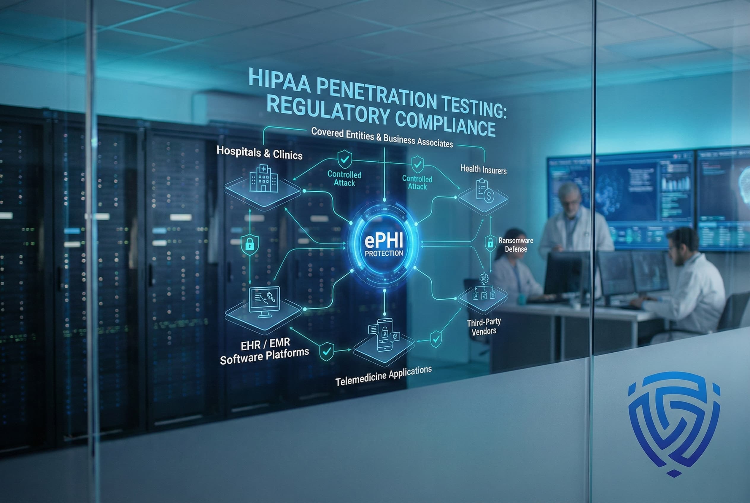 Data center environment displaying a digital diagram of HIPAA penetration testing for regulatory compliance, showing ePHI protection across hospitals and clinics, EHR and EMR software platforms, telemedicine applications, health insurers, and third-party vendors, with controlled attack simulations and ransomware defense.
