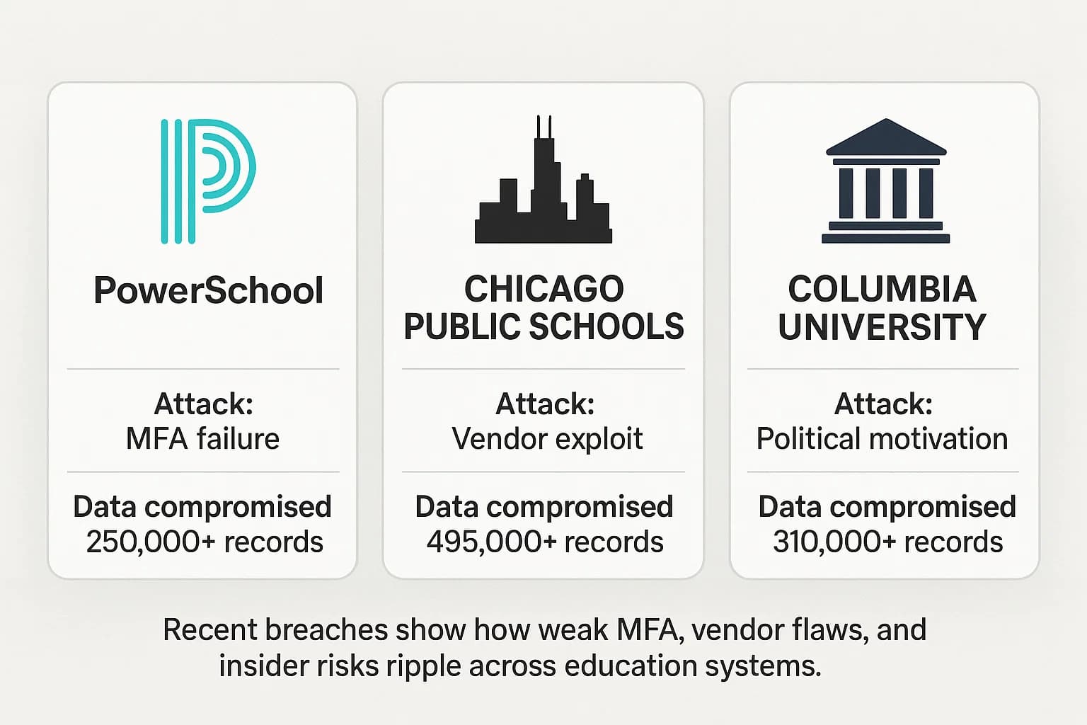 Three case study cards summarizing data breaches at PowerSchool, Chicago Public Schools, and Columbia University