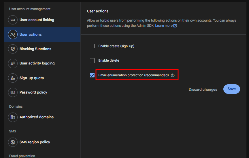 Enabling email enumeration protection in the Firebase Console