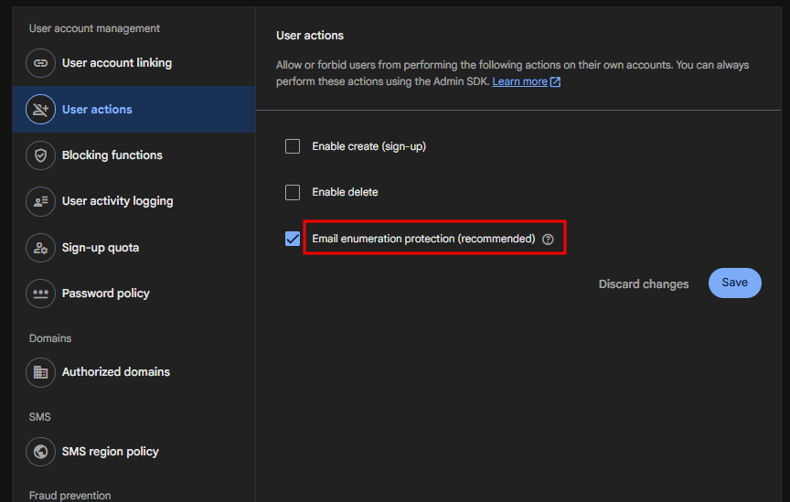 Enabling email enumeration protection in the Firebase Console