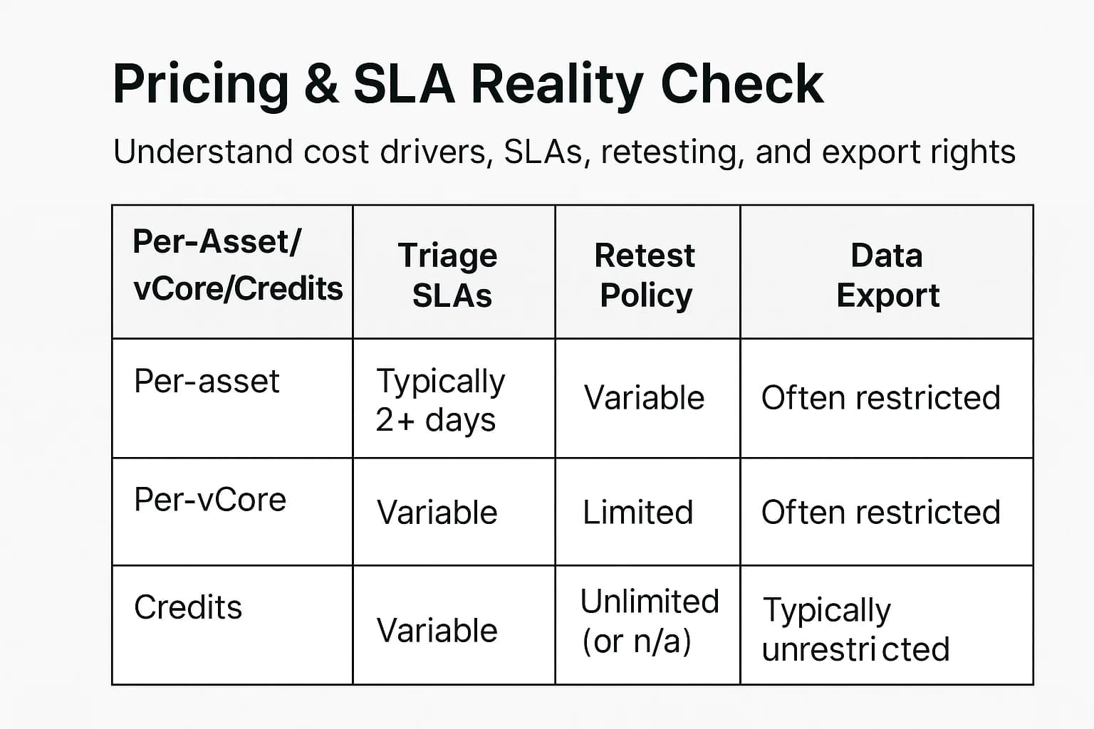Table comparing per-asset/vCore/credits, triage SLAs, retest policy, data export.