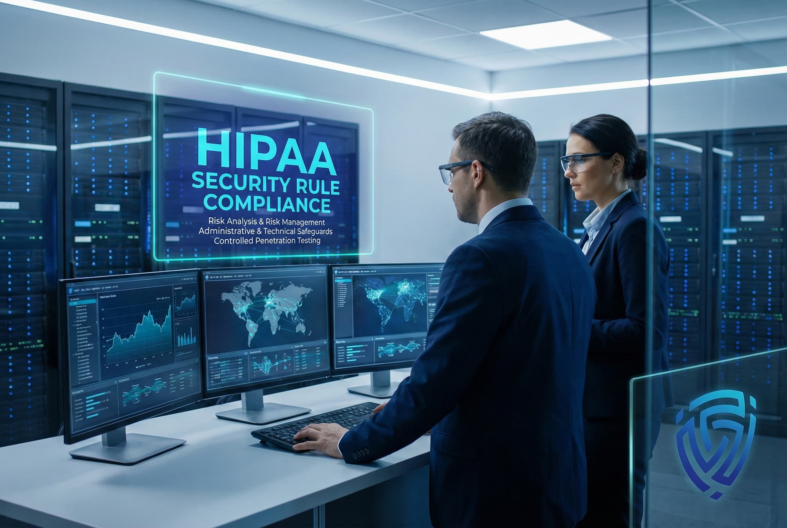 Two security professionals monitoring dashboards in a healthcare data center, with a display highlighting HIPAA Security Rule compliance, risk analysis, risk management, administrative and technical safeguards, and controlled penetration testing.